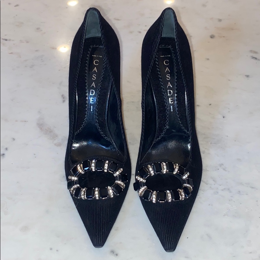 Casadei Black Corduroy Crystal Buckle Heels Size 9